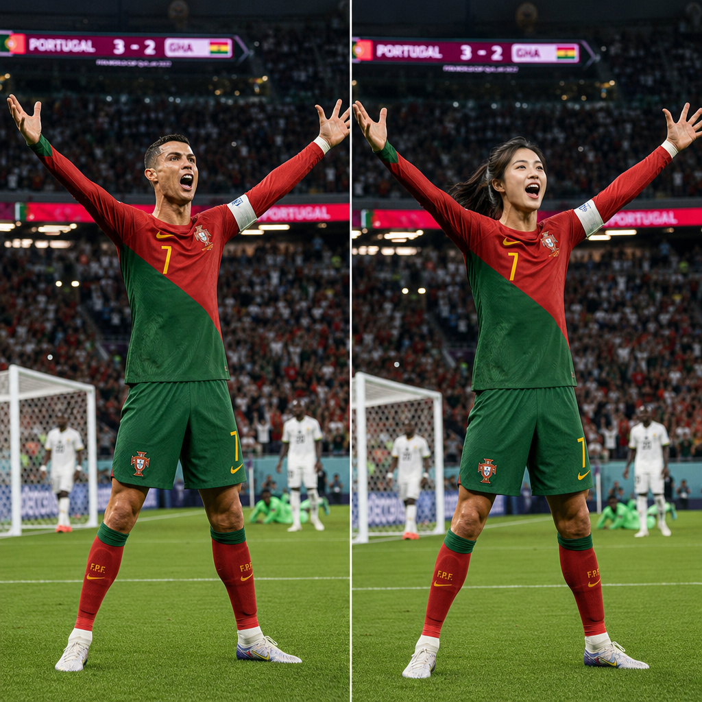 : Under the exact same composition, Ronaldo's face has been replaced with that of a young boy with childish features. However, the same jersey, number, posture, and background are retained, creating an imaginative "childhood version of Ronaldo."