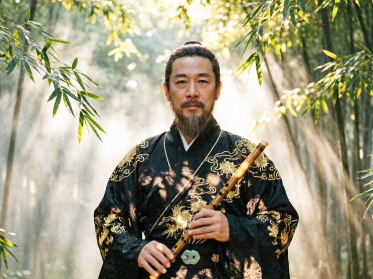 A middle-aged Asian man with a beard and a topknot hairstyle standing in the same bamboo forest background, wearing the identical black-and-gold Hanfu and holding a bamboo flute. His facial features appear mature and steady with deep eyes, showcasing the AI technology's ability to adjust the character's age to middle-aged.