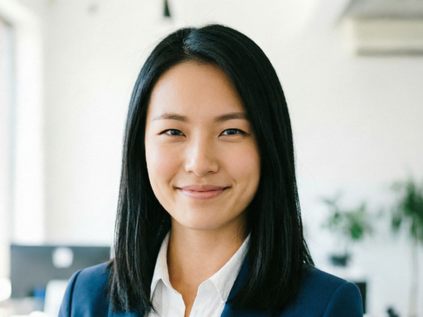 An Asian woman with long straight black hair smiling gently and looking directly at the camera. She wears a navy blue blazer over a white shirt, set against a blurred, bright modern office background, presenting a professional and approachable corporate image.