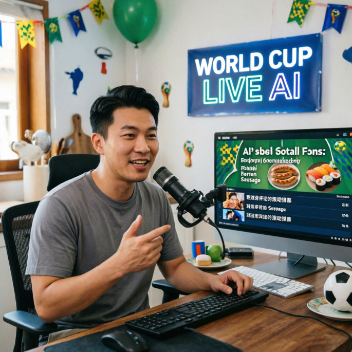A young man sits in a studio decorated with Brazilian flags and balloons, enthusiastically speaking into a microphone. His computer screen shows “WORLD CUP LIVE AI” and content like “AI’sbel Sotall Fons: Brazilian German Sausage,” indicating he uses AI tools to deliver multilingual, culturally rich match commentary and food tie-ins for fans.