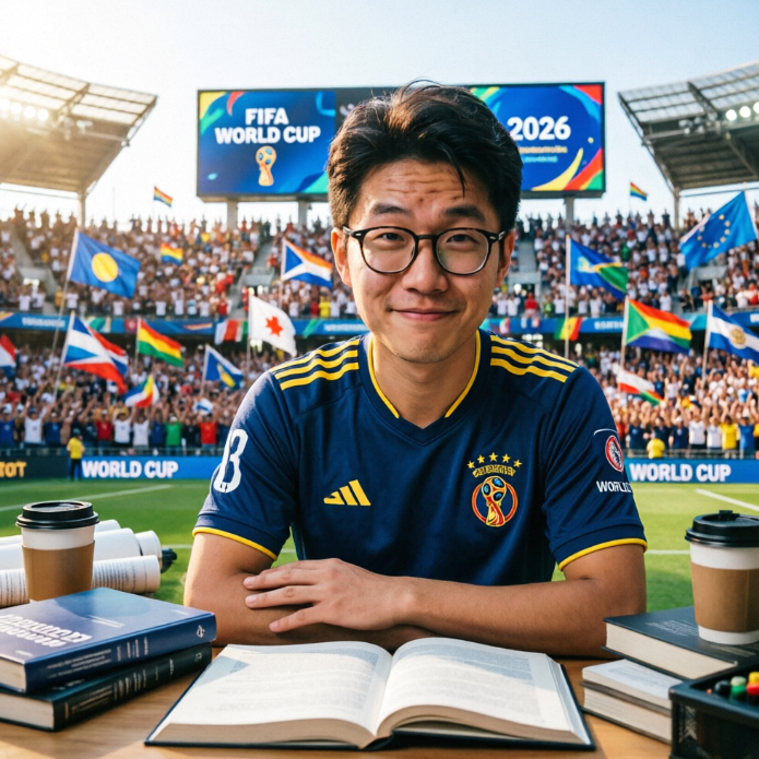 A bespectacled young man in a “2026 FIFA WORLD CUP” jersey sits before a stadium stand with notebooks and books open on the table, coffee cups nearby. The large screen behind reads “FIFA WORLD CUP 2026,” surrounded by waving international flags — depicting a viewing experience that blends academic study with live-match excitement.