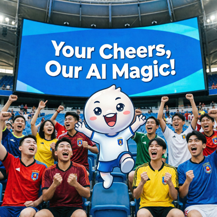 On the stadium stands, a group of fans in various colored jerseys cheer excitedly with arms raised. In the center, a cute white cartoon mascot jumps in celebration. The large screen in the background reads "Your Cheers, Our AI Magic!", highlighting the interactive experience brought by AI technology to the cheering atmosphere.