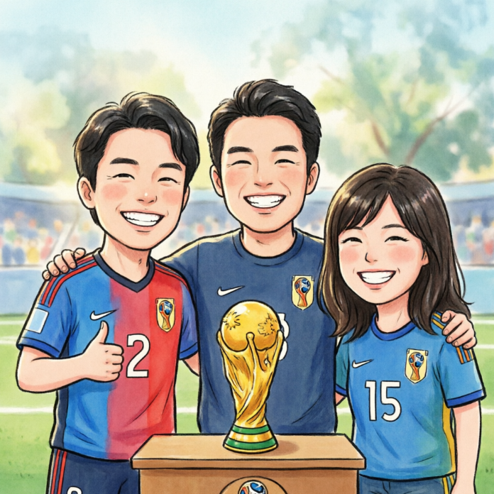 Three chibi-style young people (two males, one female) stand beside a podium; the central male holds the World Cup trophy, the left male in a red-and-blue #2 jersey gives a thumbs-up, and the right female in a blue #15 jersey beams brightly. Trees and stadium seating form the backdrop, symbolizing team glory and camaraderie.