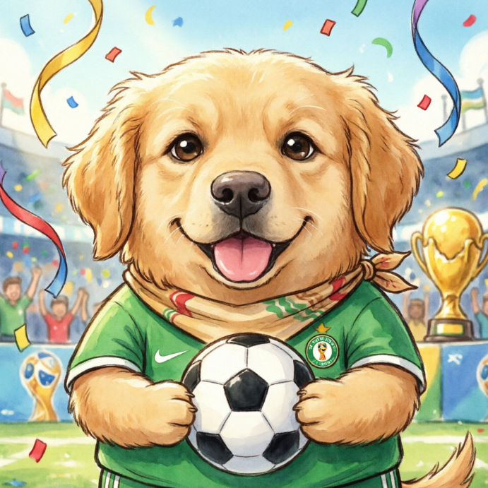 An anthropomorphic Golden Retriever wears a green national team jersey with a crest on the chest and a colorful scarf around its neck, holding a soccer ball with both paws while grinning widely. Confetti falls in the background alongside a golden World Cup trophy, radiating championship joy.