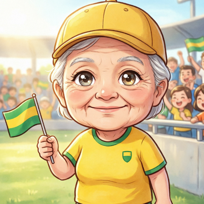 An elderly woman with white hair wears a yellow baseball cap and a yellow-and-green jersey, holding a small national flag while smiling warmly from the stands. Behind her, cheering fans create a lively atmosphere, highlighting the passion and vitality of “senior supporters.”