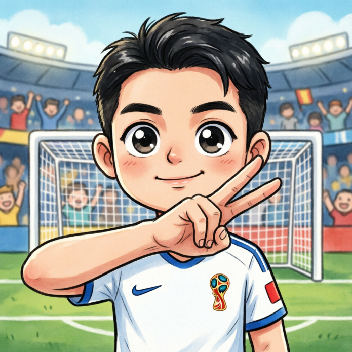 A dark-haired boy in a white jersey featuring the World Cup logo flashes a “V” sign toward the camera, eyes bright and confident. Behind him, a goalpost and cheering crowd convey youthful energy and unwavering belief in victory.