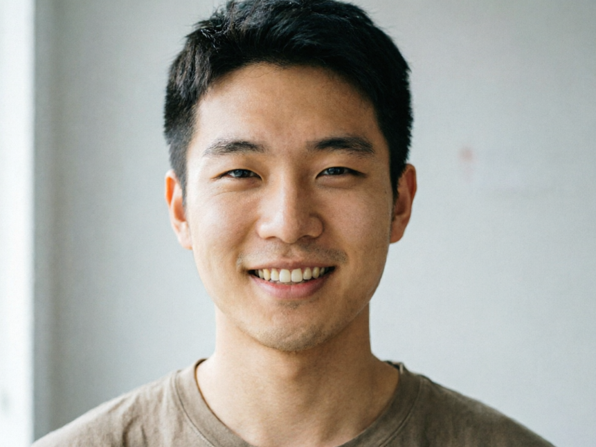 A frontal portrait of a young Asian man with short black hair wearing a brown T-shirt. He smiles gently at the camera with regular features, giving a friendly, boy-next-door vibe against a plain grey wall.