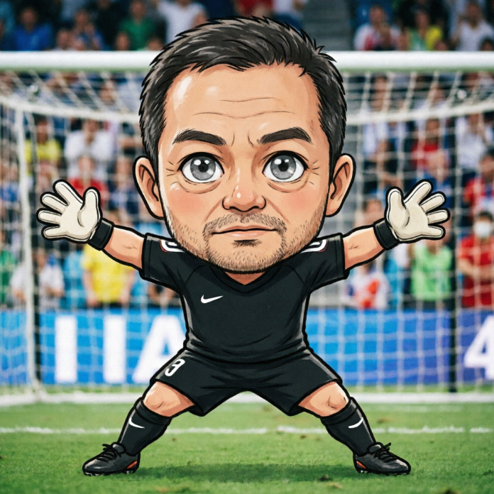 A chibi-style male goalkeeper stands in front of the goal, wearing a black jersey and shorts with white gloves, arms spread wide in a defensive stance, expression focused and serious. The background features a blurred crowd and netting, rendered in an exaggeratedly cute art style that emphasizes the tension of “guarding the goal.”