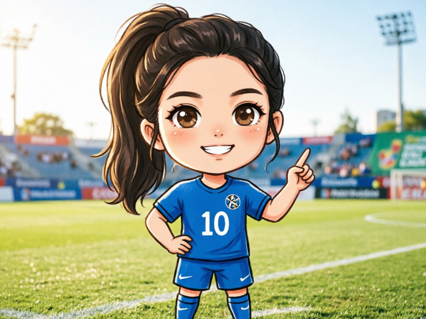 A transformed Q-version female soccer player. The girl wears a high ponytail, a blue #10 jersey, and shorts, standing on the pitch. With one hand on her hip and the other pointing up as if celebrating or directing, she looks confident and cheerful. The blurred stadium stands and lights in the background create a youthful, energetic sports atmosphere.