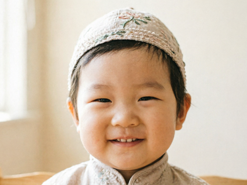 A frontal portrait of an Asian toddler wearing a light-colored embroidered cap and traditional collar clothing. He has a pure, bright smile with eyes crinkled into crescents, set against soft indoor lighting.