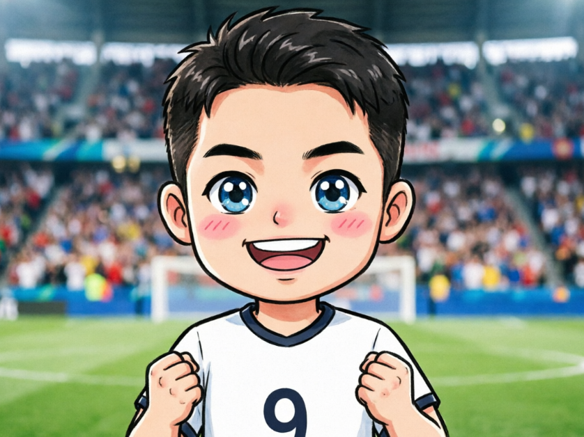 A transformed Q-version male soccer player. The boy has signature big eyes and rosy cheeks, wearing a white #9 jersey in the center of a lively pitch. He holds both fists near his chest in a cheering or victory pose, with an infectious smile. The packed stands in the background create an intense match atmosphere.
