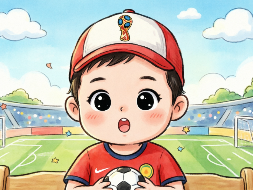 A Q-version cartoon character generated based on the original photo. The little boy is at a sunny stadium stand, wearing a red and white baseball cap with a World Cup logo and a red jersey, holding a soccer ball. His expression is surprised and excited with large, sparkling eyes. The background features blue skies, clouds, and a green pitch in a cute art style.