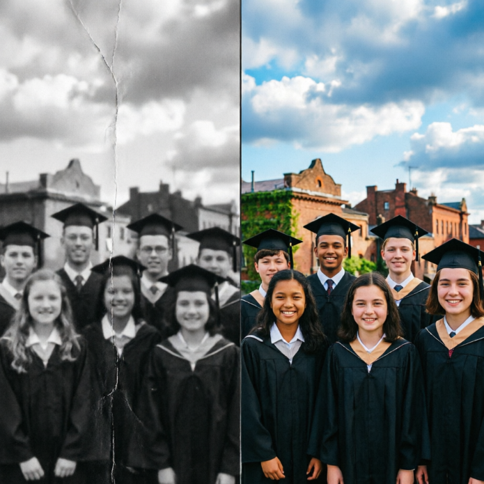Left: A black-and-white, creased and blurry vintage graduation photo showing students in caps and gowns in front of campus buildings. Right: The AI-restored color version with a vivid blue sky, clear clouds, natural skin tones, detailed clothing, and vibrant red-brick architecture with greenery in the background — bright and lifelike.
