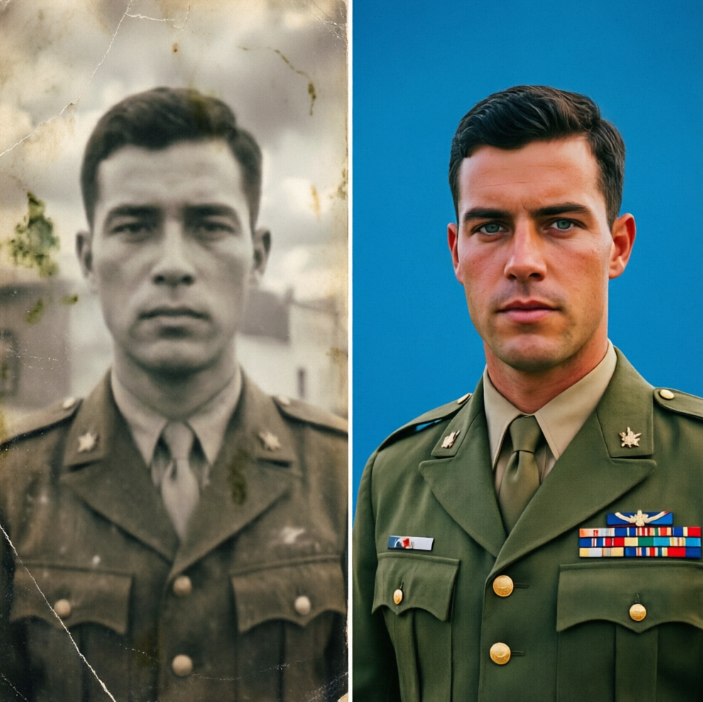 Left: A yellowed, scratched and stained black-and-white portrait of a soldier with serious expression and indistinct uniform details. Right: The AI-restored HD color version — sharp facial features, piercing eyes, vivid green uniform with clearly visible insignia and medals, set against a clean blue background — dignified and modern.