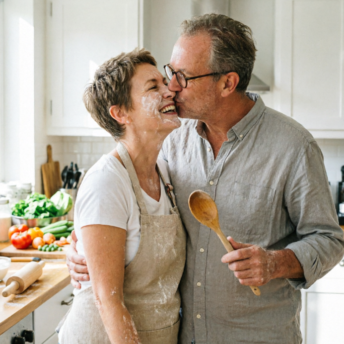  A middle-aged couple shares a joyful moment in a bright kitchen, their faces dusted with flour. The bespectacled man kisses the woman's cheek while holding a wooden spoon, and she laughs heartily in an apron. The background features clean white cabinets and fresh vegetables, radiating a warm, domestic vibe.