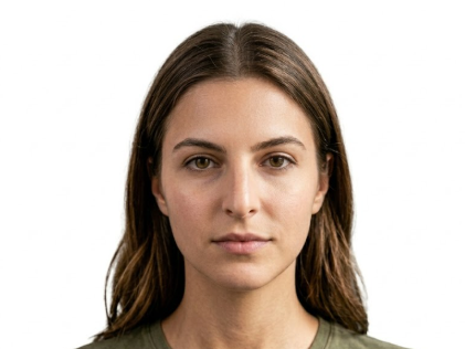 Frontal portrait of the same woman with her smile adjusted to a neutral expression. Her hair is neatly arranged to reveal her forehead and ears, set against a pure white background, fully compliant with official ID photo standards.