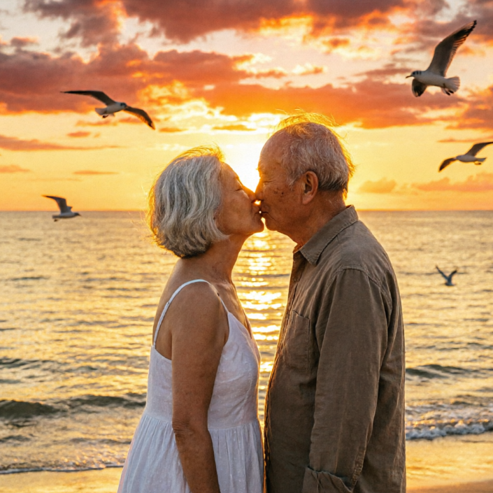 An elderly couple with white hair shares a tender kiss by the seaside during sunset. Golden light reflects off the ocean waves as seagulls fly around them. Seen in profile, their silhouettes are softly outlined by the setting sun, conveying a touching sense of peace and enduring companionship.