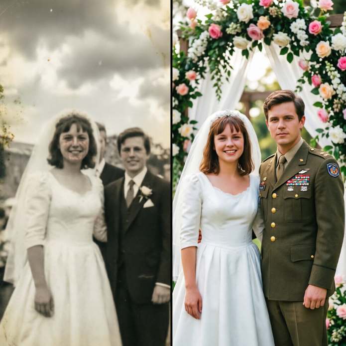 Left: A yellowed, edge-damaged vintage wedding photo with a bride in white veil and groom in suit, blurred background. Right: The AI-restored HD color version — bride wears a floral crown and pristine gown, groom in military uniform with medals; background features a floral arch adorned with pink and white roses, soft lighting, romantic and warm atmosphere.