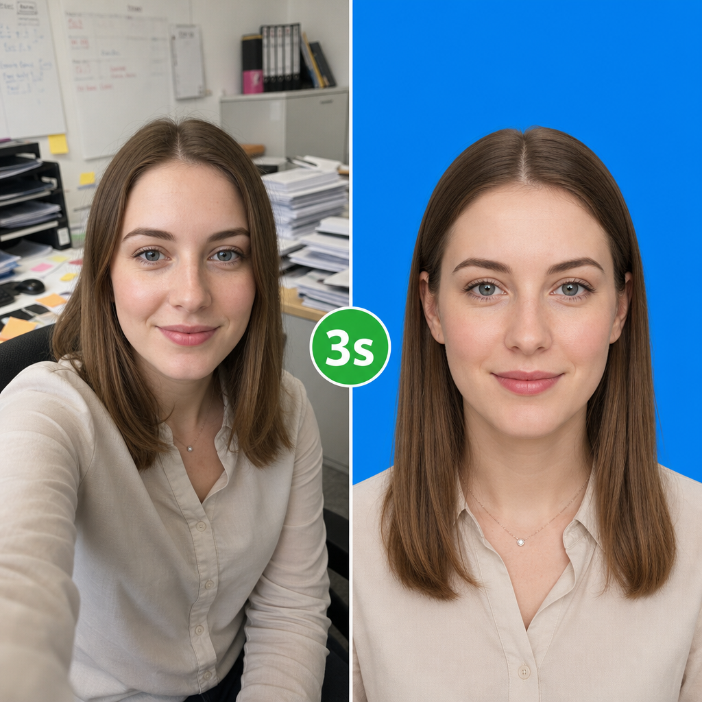 Left (Lifestyle): A young woman takes a selfie at a desk piled high with papers, wearing a beige shirt and smiling, with a cluttered office environment and natural lighting in the background. Right (ID Photo): A frontal portrait of the same woman with neatly styled hair and a composed expression. The background is replaced with a solid blue, presenting a standard professional ID photo style.