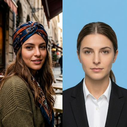 A young woman smiles while looking back over her shoulder on a picturesque European street. She wears a colorful patterned headscarf and an olive green knit sweater, with long hair flowing naturally. The soft lighting highlights a stylish, casual street vibe. A frontal portrait of the same woman without the headscarf or complex background. Her hair is neatly pulled back to reveal clear facial features. Dressed in a white shirt and black blazer with a composed, serious expression against a solid light blue backdrop, presenting a standard professional ID photo look.
