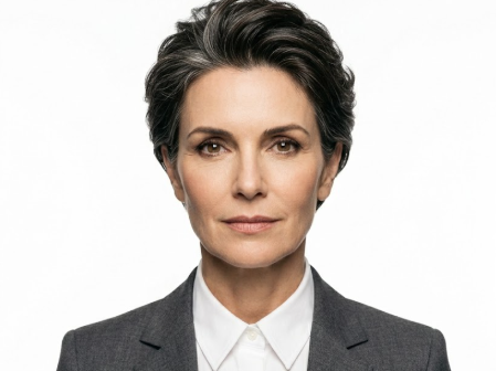 Frontal portrait of the same woman with sleek hairstyle, now in a gray suit and white shirt. Her expression is calm and neutral against a pure white background — emphasizing professionalism and maturity.
