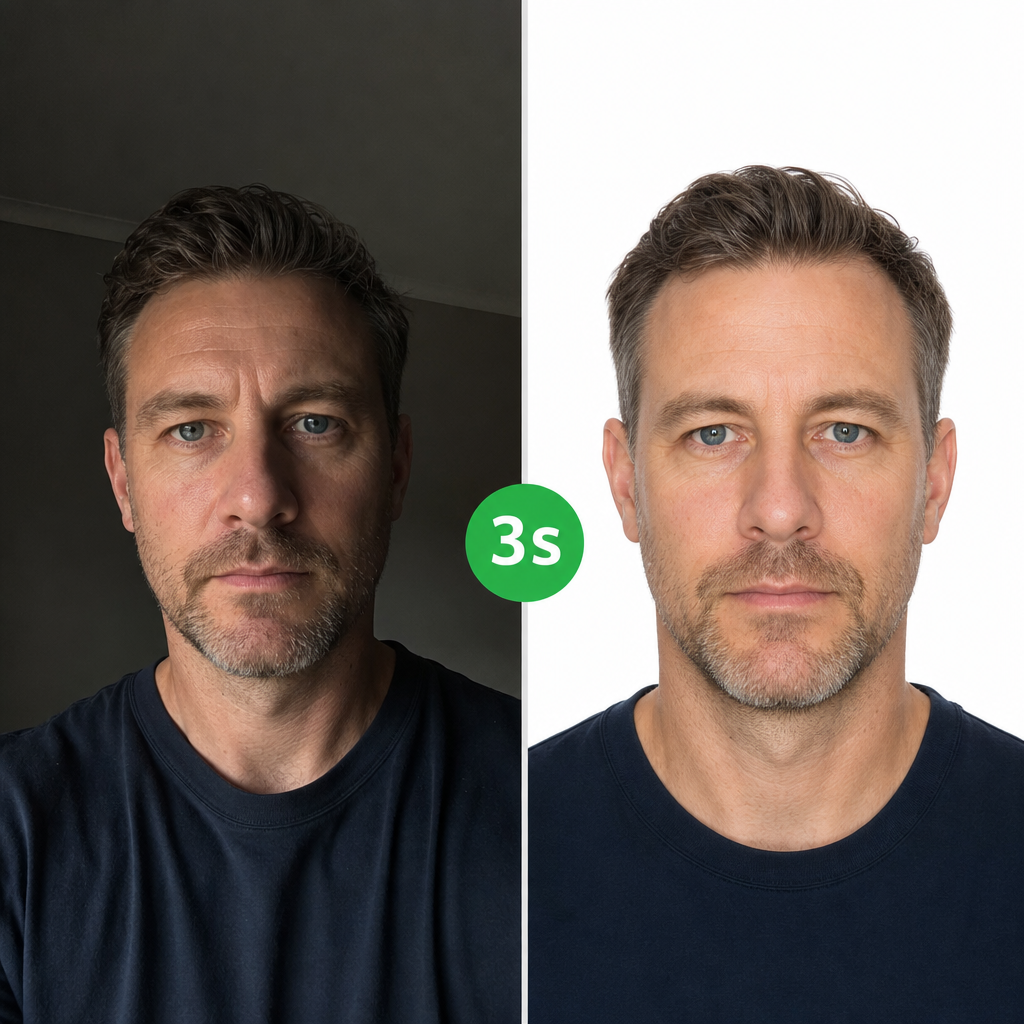 Left (Lifestyle): A middle-aged man with a beard takes a selfie indoors, wearing a dark blue T-shirt. The lighting is dim, the background is simple, and his expression is serious. Right (ID Photo): A frontal portrait of the same man with bright, even lighting. He maintains a serious expression against a pure white background, resulting in a professional and clear ID photo.