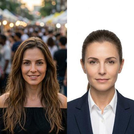 Left (Lifestyle): A woman with long hair smiles at a bustling night market, wearing a black off-shoulder top. Blurred crowds and warm lights fill the background — lively and authentic. Right (ID Photo): Frontal portrait of the same woman with hair tied back, now in a white collared shirt and navy blazer. Her expression is composed against a pure white background — standard professional ID photo style.