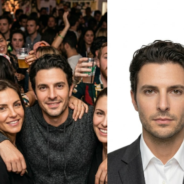 Left (Lifestyle): A young man smiles brightly at a party, wearing a dark gray sweater, surrounded by friends raising glasses — lively and joyful atmosphere. Right (ID Photo): Frontal portrait of the same man in a white collared shirt and dark blazer, composed expression against a pure white background — professional, formal ID photo style.
