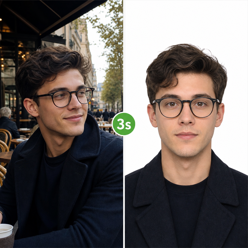 Left (Lifestyle): A young man with glasses sits at an outdoor cafe, wearing a dark jacket and looking off into the distance. The background features a blurred streetscape and pedestrians, creating a relaxed atmosphere. Right (ID Photo): A frontal portrait of the same man with the complex background removed. He looks directly at the camera with a calm expression against a uniform white background, meeting formal ID photo standards.