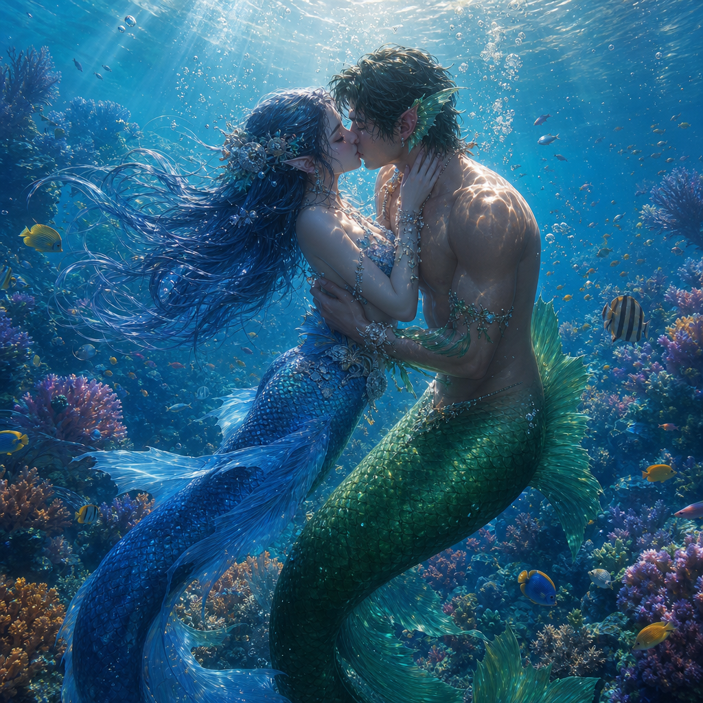 A mermaid couple shares a passionate kiss among sunlit coral reefs. The woman has long blue hair and a scaled tail; the man has a green fish tail. They are surrounded by tropical fish and glowing jellyfish. Clear water and dappled light create a dreamlike underwater romance.