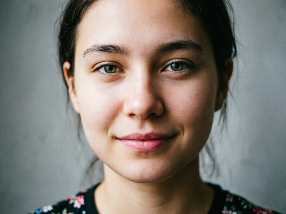 A frontal portrait of a young woman with soft, natural lighting. She has dark hair and hazel eyes, wearing a faint smile. Her skin texture is clear, and she wears a black floral top against a plain gray background.
