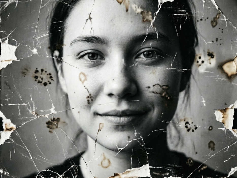The same portrait transformed into black and white with severe physical damage effects. The image is covered in white creases, cracks, and signs of burning and mold spots along the edges, simulating a poorly preserved old photograph.