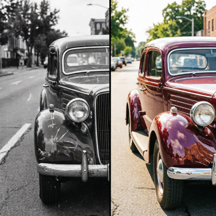  Left: A black-and-white photo of a vintage car with visible scratches and wear on the hood, blurred street background. Right: The AI-restored HD color version — deep red metallic paint with reflective chrome parts, lush green trees and neat street in background — blending nostalgic charm with modern clarity.