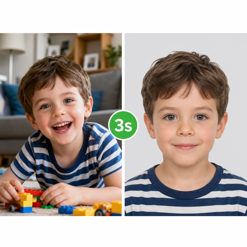 Left (Lifestyle): A young boy in a blue and white striped T-shirt lies on the floor happily playing with building blocks, smiling brightly in a cozy home environment. Right (ID Photo): A close-up frontal portrait of the same boy with the toys and background removed. He has a calm and peaceful expression against a light gray background, retaining his original striped shirt for a standard child ID photo look.