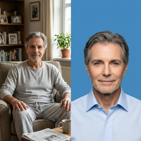 Left (Lifestyle): An elderly man with gray hair sits on a living room sofa in a gray loungewear set, with a newspaper and coffee cup on the table before him. Bookshelves and green plants fill the background — warm and serene. Right (ID Photo): Frontal portrait of the same man in a light blue shirt, gentle expression against a solid blue background — clean, professional ID photo style.