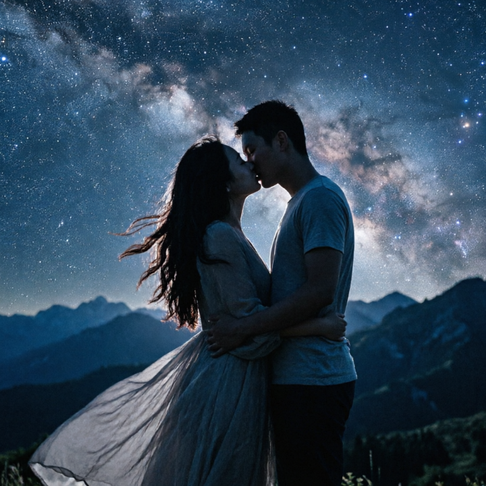 A young couple shares a passionate kiss on a mountaintop at night, set against a breathtaking backdrop of the Milky Way galaxy. The woman wears a flowing dress with hair blowing in the wind, while the man is in a t-shirt. Their silhouettes stand out against the deep blue night sky and rolling mountains, creating a dreamy and romantic atmosphere.