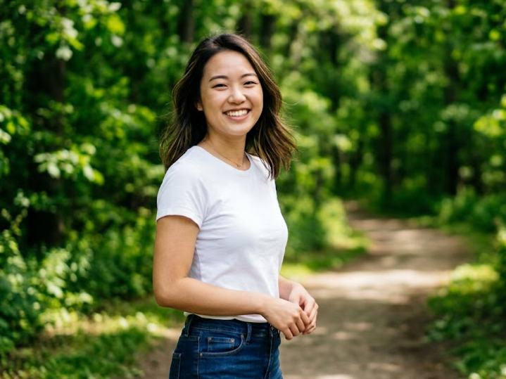 A young Asian woman stands on a lush forest path, wearing a white T-shirt and jeans. She turns back to laugh joyfully, with dappled sunlight filtering through the trees, creating a relaxed atmosphere.