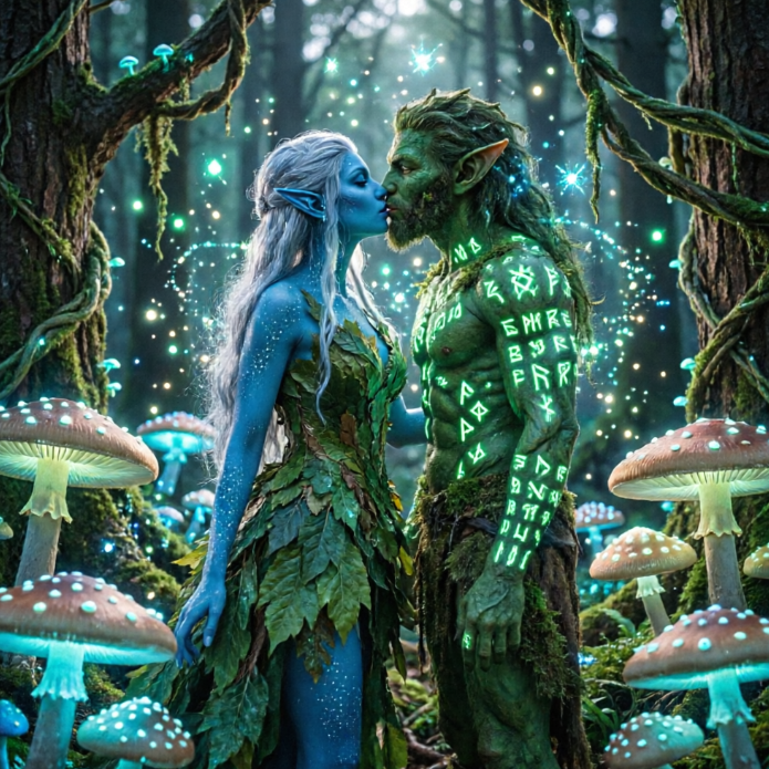  In a magical forest filled with glowing lights, a blue-skinned elf woman kisses a green tree-man covered in moss and glowing runes. They are surrounded by giant bioluminescent mushrooms and floating particles. The scene is vibrant and colorful, evoking a mysterious fairy-tale aesthetic.