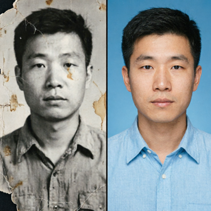 Left: A severely damaged black-and-white male ID photo with tears and mold spots, blurry face and unclear collar folds. Right: The AI-restored HD color version — clear facial features, natural skin tone, wearing a light blue shirt against standard ID photo blue background — clean and professional.