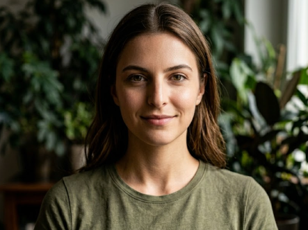 A long-haired woman smiles in front of indoor plants, wearing an olive green T-shirt. The lighting is soft and natural, creating a warm and cozy atmosphere.