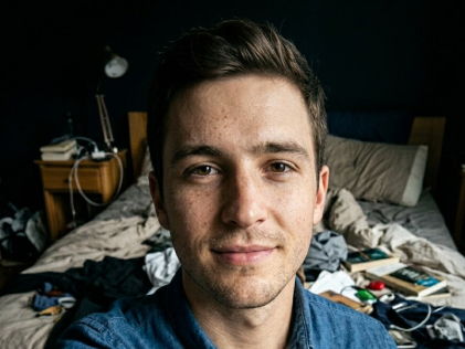 A young man takes a selfie in a messy bedroom, with a bed piled with clothes and books behind him. The lighting is dim, and he smiles casually, looking natural.