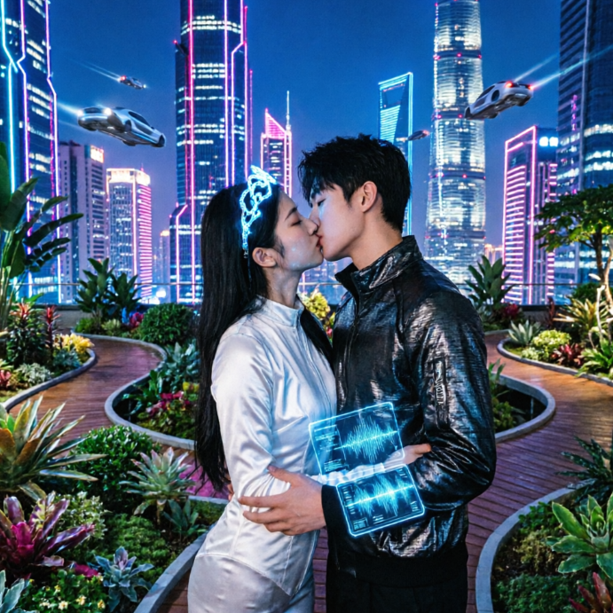 Against a neon-lit futuristic city skyline, a young couple kisses on a rooftop garden. Flying cars zip between skyscrapers in the background. The man holds a glowing blue holographic tablet, and the woman wears a luminous headpiece. Dressed in futuristic silver and black attire, they represent a blend of sci-fi aesthetics and modern romance.
