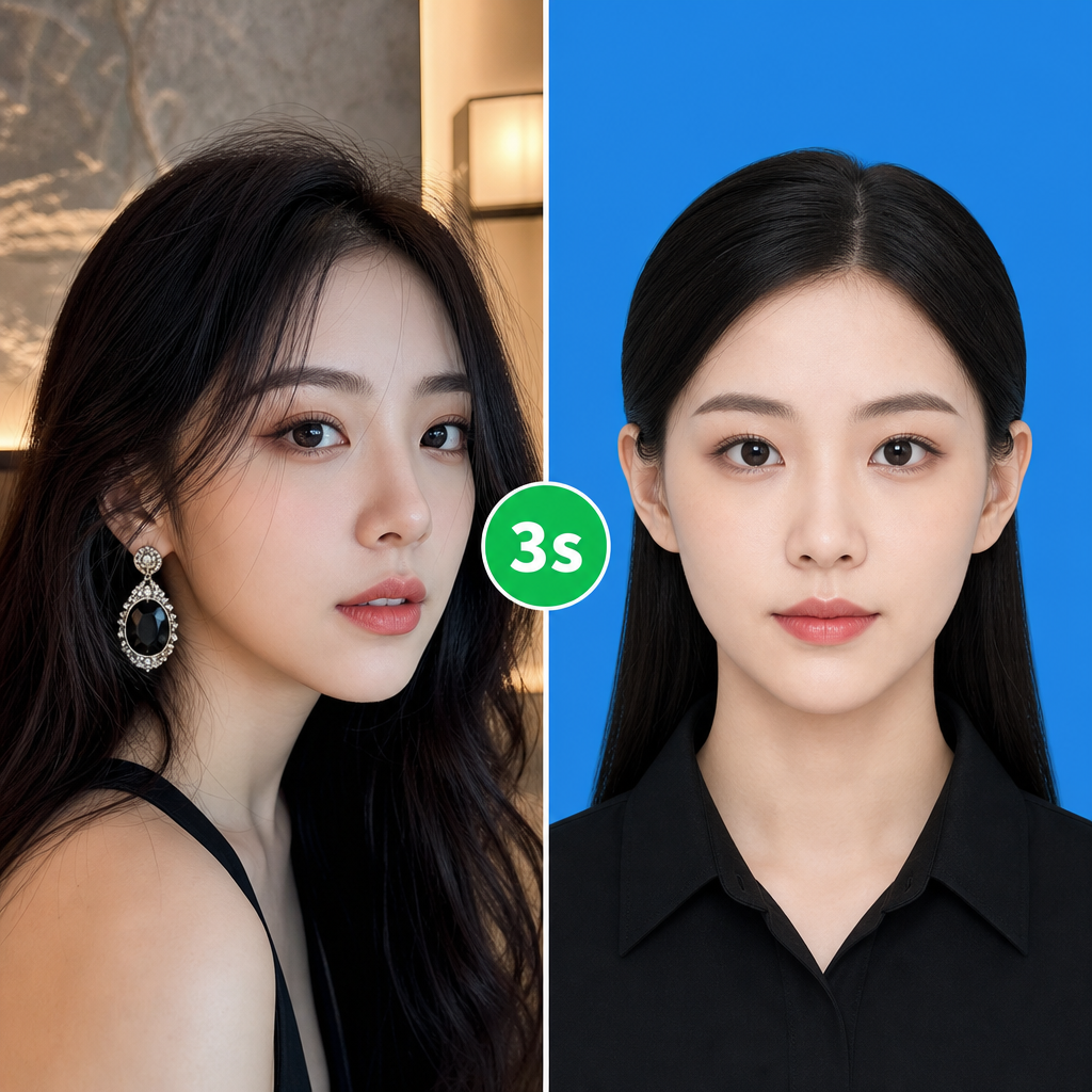 Left (Lifestyle): A woman with long hair looks back over her shoulder in warm lighting, wearing elegant black drop earrings and精致的 makeup, with an artistic background. Right (ID Photo): A frontal portrait of the same woman with the earrings removed and her hair neatly pulled back. She wears a black collared shirt and has a composed expression against a solid blue background, complying with standard ID photo requirements.