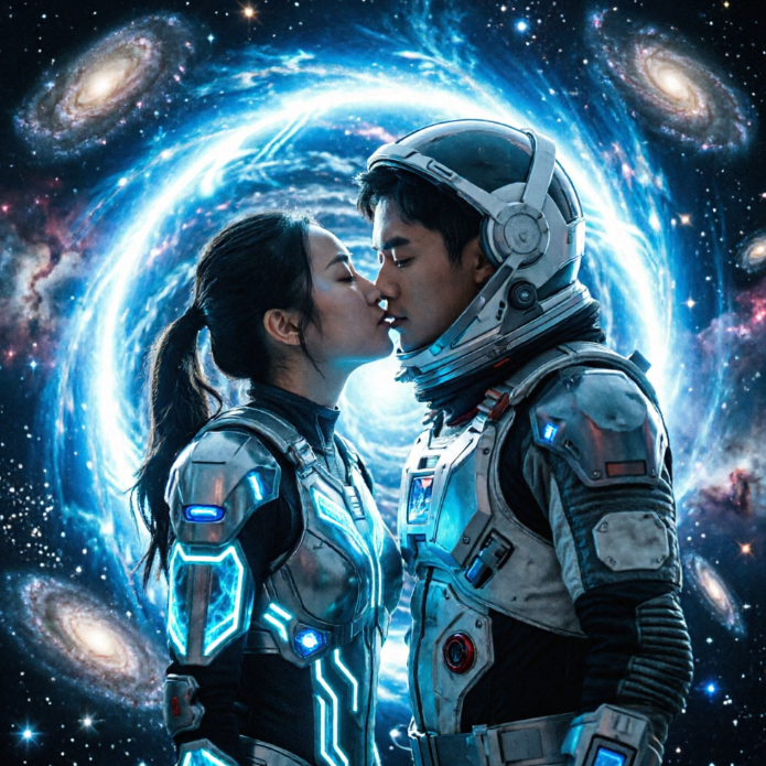 A knight in silver armor and a noblewoman in a red velvet gown with a crown share a romantic kiss on a castle balcony under a full moon. Distant forests and mountains frame the scene, with a knight’s helmet resting nearby — evoking medieval fantasy and destined love.
