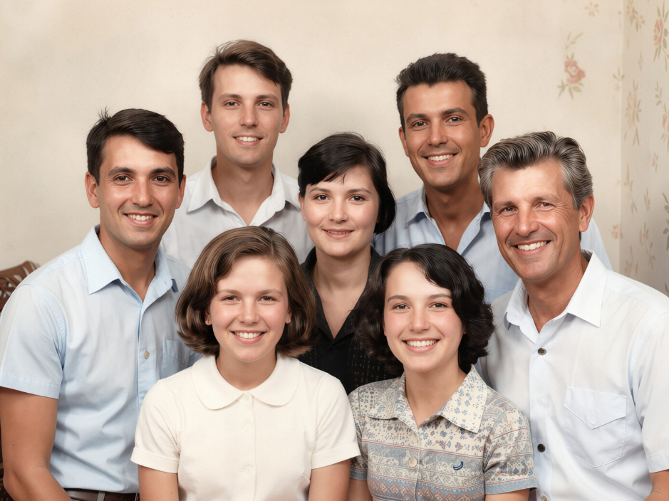 A vibrant and clear group photo of seven family members. Two young girls sit in the front row, while five adults stand behind them, all wearing light-colored shirts and smiling brightly at the camera against a vintage floral wallpaper background.