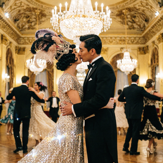 In a magnificent, gilded ballroom, a couple dressed in vintage formal wear shares a kiss while waltzing. The woman wears an elaborate feathered headpiece and a sparkling gold sequined gown, while the man is in a black tuxedo. Beneath a massive crystal chandelier and surrounded by other dancers, the scene exudes luxury and old-world elegance.