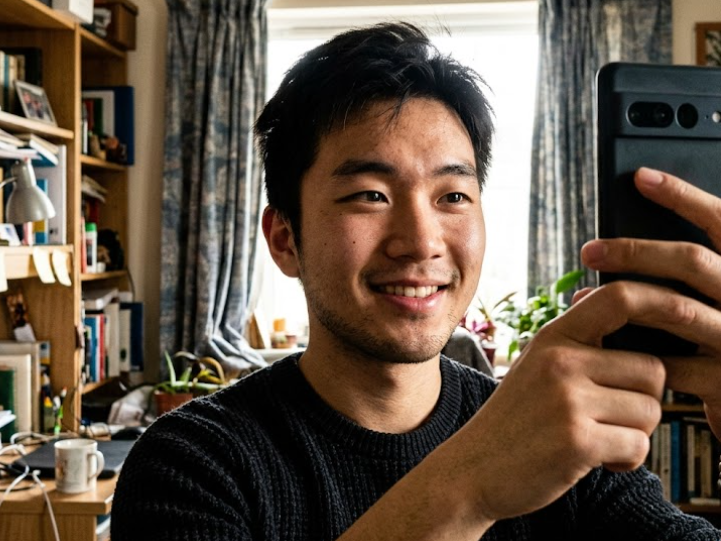 : A young Asian man in a cozy study filled with books and plants holds a black smartphone, seemingly taking a selfie or on a video call. He is smiling warmly, wearing a black knit sweater in soft natural light.