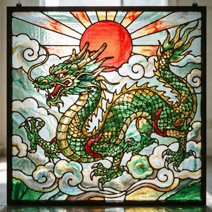 A majestic square stained glass artwork depicting a coiling and soaring oriental dragon. The dragon's body is composed of green and gold scale-like glass pieces, with sharp eyes and powerful claws. The background features churning clouds and a red sun. Lead lines outline the dragon's imposing posture and the swirling mist effect, full of oriental mystique.