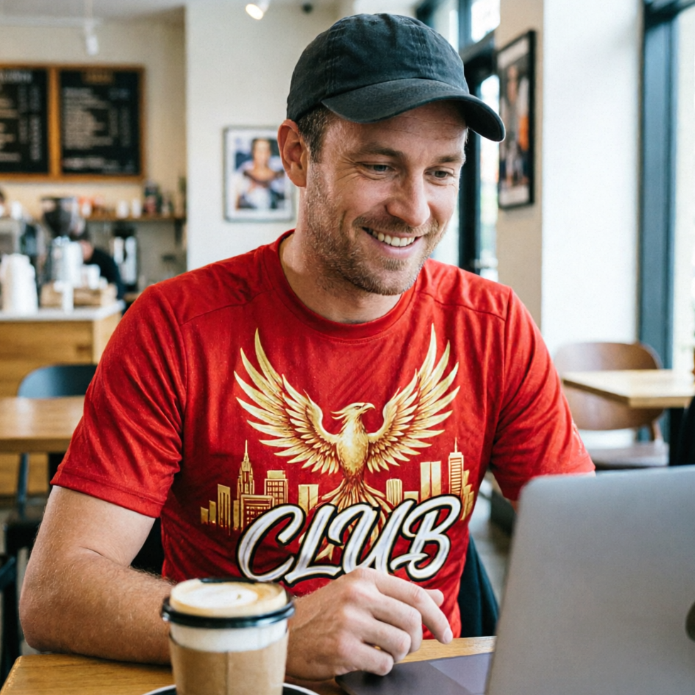 A male fan wearing a hat and smiling, sitting in a cafe with a laptop in front of him. He is wearing a red-dominant club concept jersey with a golden phoenix pattern and abstract city landmark silhouettes. The club name is in artistic font on the chest. He is holding a coffee cup, looking at the laptop screen.
