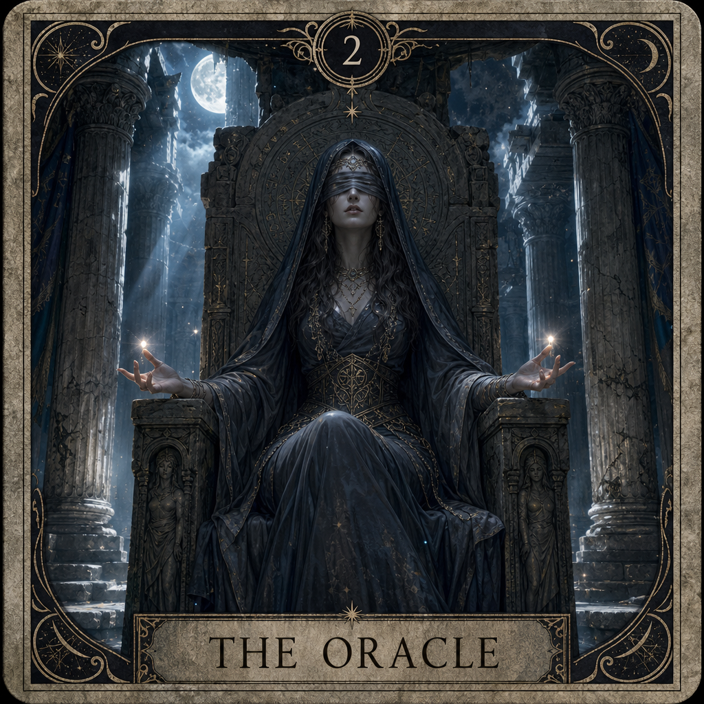 A custom Tarot card, featuring a blindfolded female oracle sitting on a massive stone throne, her fingertips emitting a faint glow as if sensing something. The background is an ancient ruined temple with colossal stone pillars and moonlight filtering through cracks. The bottom of the card has text: "THE ORACLE", and the top is marked with the number "2".
